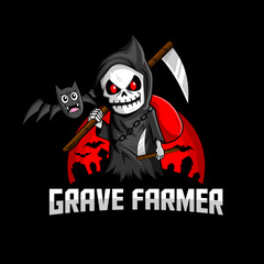 reaper Skull grave guardian and bat on the graveyard illustration