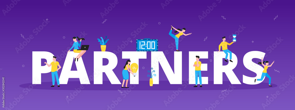 Poster big characters with word partners and business tiny people working together. abstract gradient and s