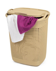 Plastic beige laundry basket isolated on white background