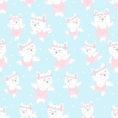Obraz premium cute french bulldog ballerina dance in pink dress seamless pattern on blue background