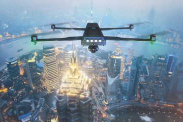 A drone flies over the evening city. Mixed media.