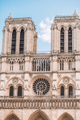 Close-up of the facade of the Notre Dame de Paris during restoration work after a fire