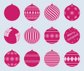 Magic, pink christmas balls stickers isolated on gray background. High quality vector set of christmas baubles.
