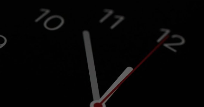 Timelapse or time lapse of clock on black background and movement of clock hands. Royalty high-quality 4k stock video footage time lapse clock with three arrow white hands moving too fast to 12 hours
