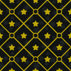 Vector seamless holiday pattern with golden christmas stars on black background; Christmas design for greeting card, gift box, wallpaper, wrapping paper, fabric, web design. 