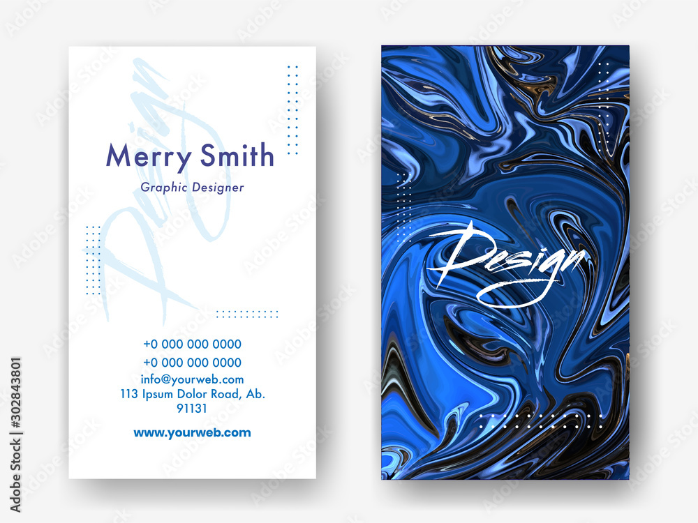 Poster front and back view of business card or template design with fluid art abstract background.
