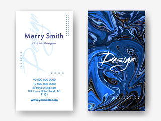 Front and back view of business card or template design with fluid art abstract background.