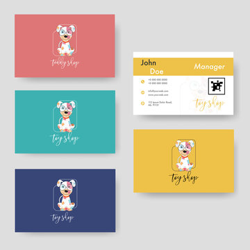 Different Color Business Card Or Horizontal Template Design With Cartoon Dog For Toy Shop.