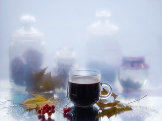Still life on wet glass with autumn's mood