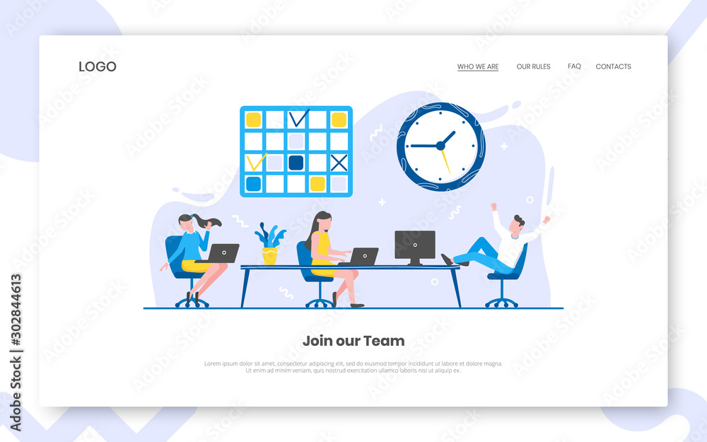 Poster business time management internet landing page concept template with people characters working toget