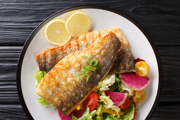 Tasty recipe for spicy grilled sea bass fillet with lemon and vegetable salad close-up on a plate. Horizontal top view