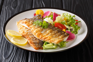 Golden grilled sea bass fillet with lemon and healthy vegetable salad close-up on a plate. horizontal