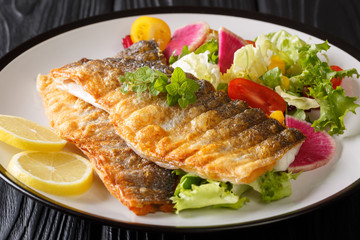 Fresh tasty grilled sea bass fillet with lemon and vegetable salad close-up on a plate. horizontal