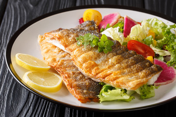 Serving fried sea bass fillet with fresh vegetable salad and lemon closeup on a plate. horizontal