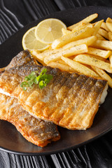 Grilled sea bass fillet with french fries close-up on a plate. vertical