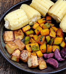 whole grain dish, boiled corn, violet sweet potato, tofu, squash grill, quick diner for vegetarian