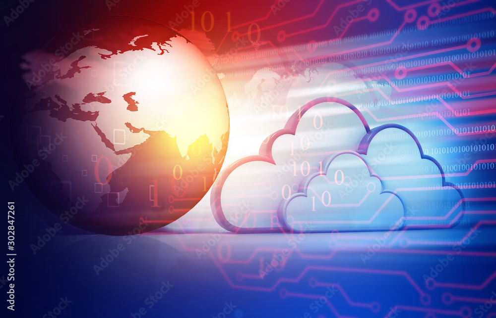Aufkleber globe with cloud computing on abstract technology background. 3d illustration.
