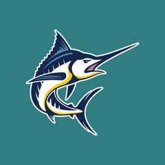 Marlin fish logo.Sword fish fishing emblem for sport club. Angry marlin fishing background theme vector illustration.