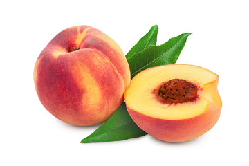 Fototapeta na wymiar Ripe peach fruit and half with leaf isolated on white background