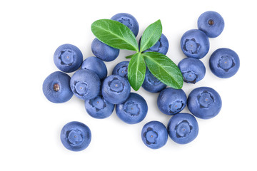 fresh ripe blueberry with leaves isolated on white background. Top view. Flat lay pattern