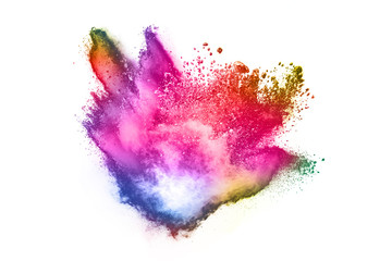 abstract powder splatted background. Colorful powder explosion on white background. Colored cloud. Colorful dust explode. Paint Holi.