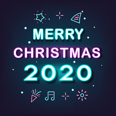Naklejka na ściany i meble Happy New Year 2020 Shining Neon light background Vector illustration EPS10. Merry Christmas and Happy New Year celebration. Falling snow. Greeting card.