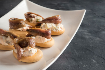 Marinera typical tapa Spanish, Bread with russian salad