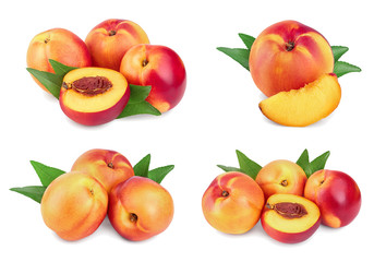 Nectarine fruit with leaf isolated on white background. Set or collection