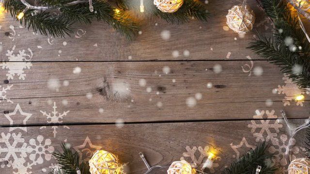 Christmas decoration on wooden table , snowflakes falling and copy space for celebration , new year , thanksgiving concept background