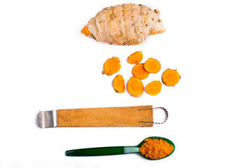 Turmeric powder on spoon and Scraping device and Turmeric slice  isolated on white background. Top View.