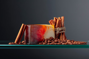 Handmade soap bar with coffee and cinnamon. Organic soap.