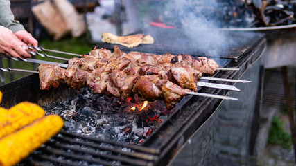closeup of some meat skewers being grilled in a barbecue