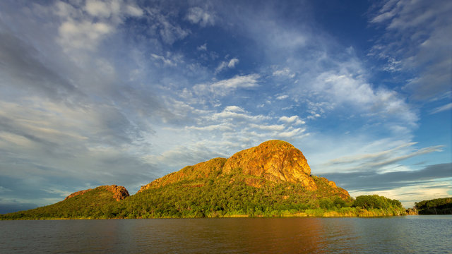 Landscape Views Of Elephant Rock On Lake Kununurra On The Kimberley Of Australia. The Rock Features Indigenous Art Galleries.