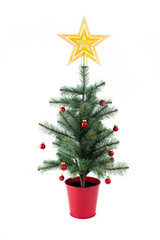 Christmas tree decorated with golden star on top and red boll during winter season for holiday or  special moment on isolated white background.