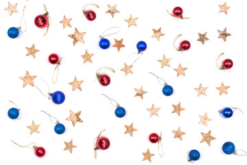 Christmas composition of stars and toys isolated on white background. Winter wedding design. Flat lay, top view.