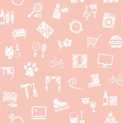 Shops, seamless pattern, monochrome, hatching, pink, vector. Different product categories. Imitation of pencil hatching.  