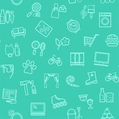 Shops, seamless pattern, color, thin outline, turquoise, vector. Different product categories. A subtle, linear pattern. Bright icons on a turquoise field.  