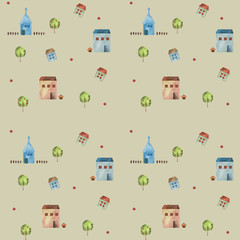 水彩の家と教会パターン