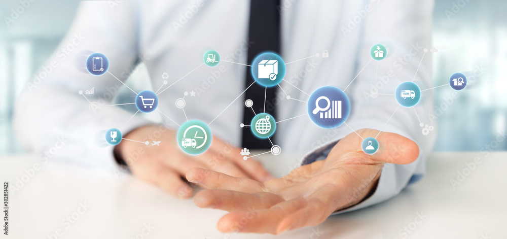 Poster businessman holding a logistic organisation with icon and connection 3d rendering