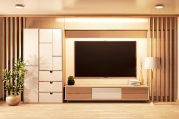 Smart Tv on wall and cabinet wooden japanese style design in room minimal.3D rednering