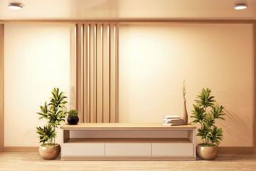 Cabinet wood design japanese style on Living room minimal white wall background.3D rendering
