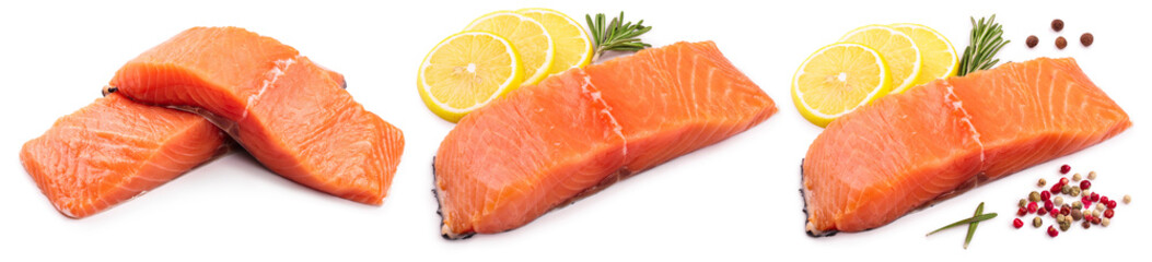 fillet of red fish salmon with lemon and rosemary isolated on white background. Set or collection