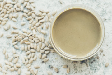 Seeds butter in glass jars