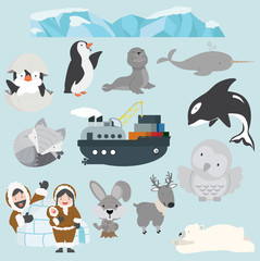 Arctic cartoon Flat style character illustration set