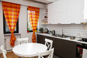 modern kitchen design and curtain