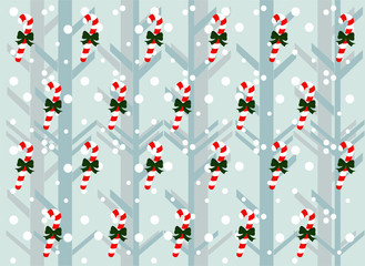 Christmas vector pattern of Christmas candies on a gray background with snowflakes