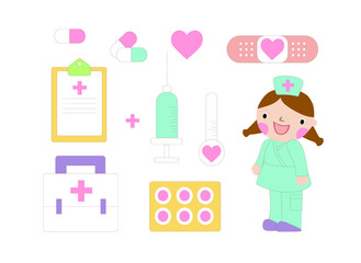 Health care and medicine elements set in cartoon style. Vector doodle illustration