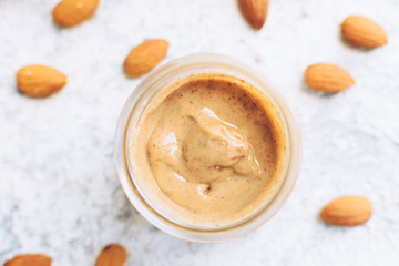 Almond nut butter in glass jar