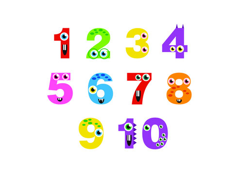 cute monsters numbers for children, from 1 to 10. Kids learning material.  Card for learning numbers. Number 1-10. Stock Vector