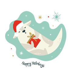 Christmas card with holiday otter in Santa hat